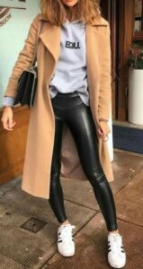 coat with leather trousers