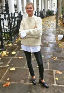 white button-up and chunky loafers
